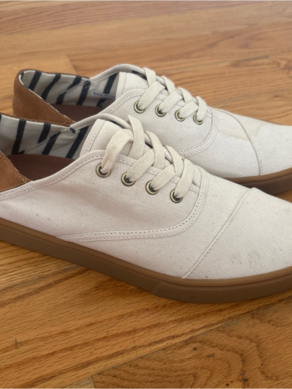 Toms white canvas lace-up sneakers with tan suede heel